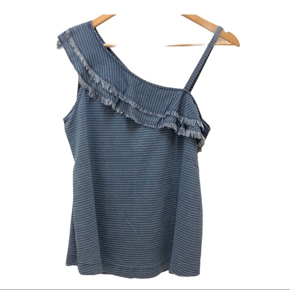 125 Degree C Tops - 1250 Degree C Chambray One Shoulder Striped Top